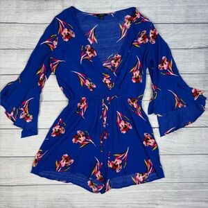 Express Blue Floral Wrap Romper Bell Sleeve Boho Spring Size S ♡